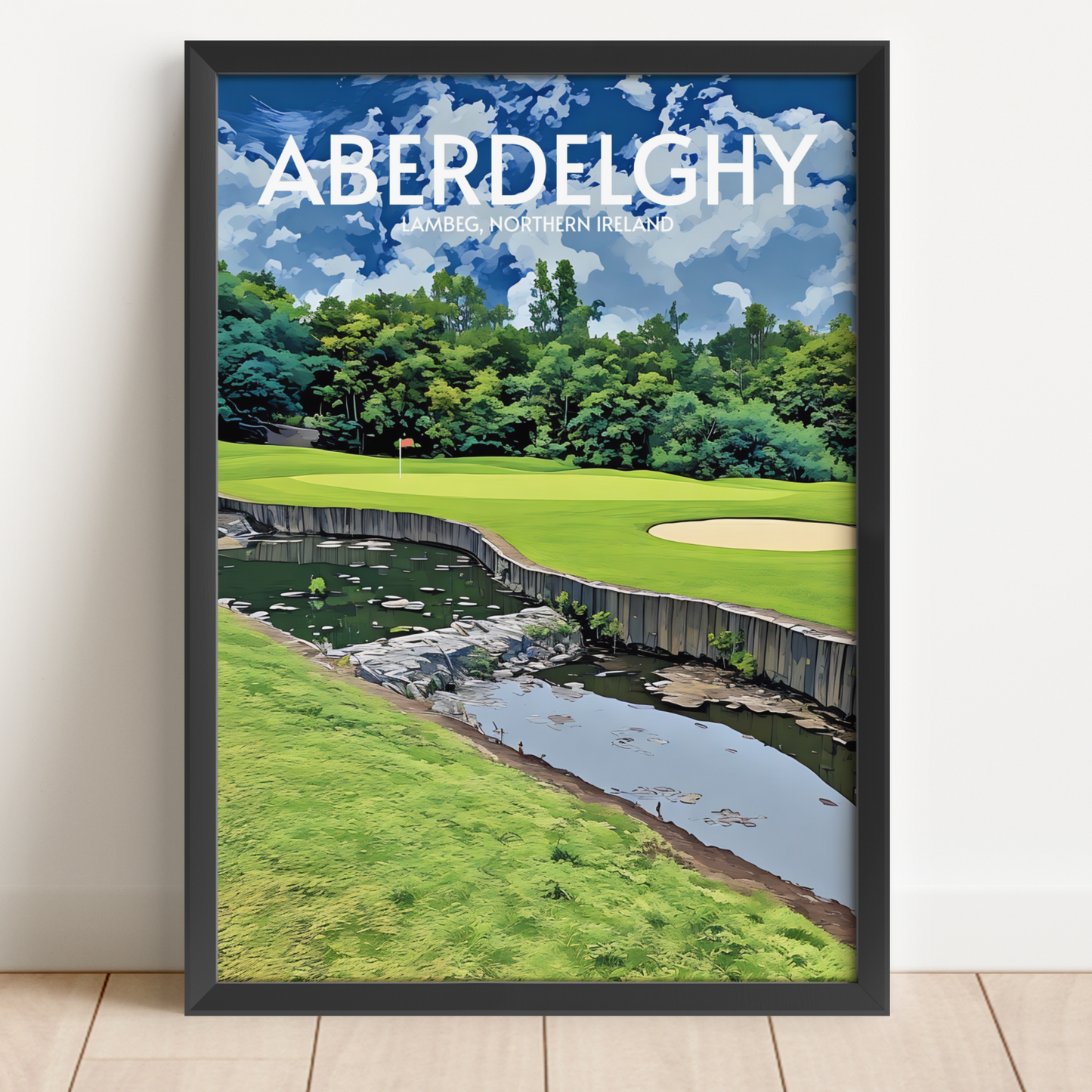 Framed poster of a golf course with trees and water, featuring the text 'Aberdelghy' and 'Jamestown, Northern Ireland'.