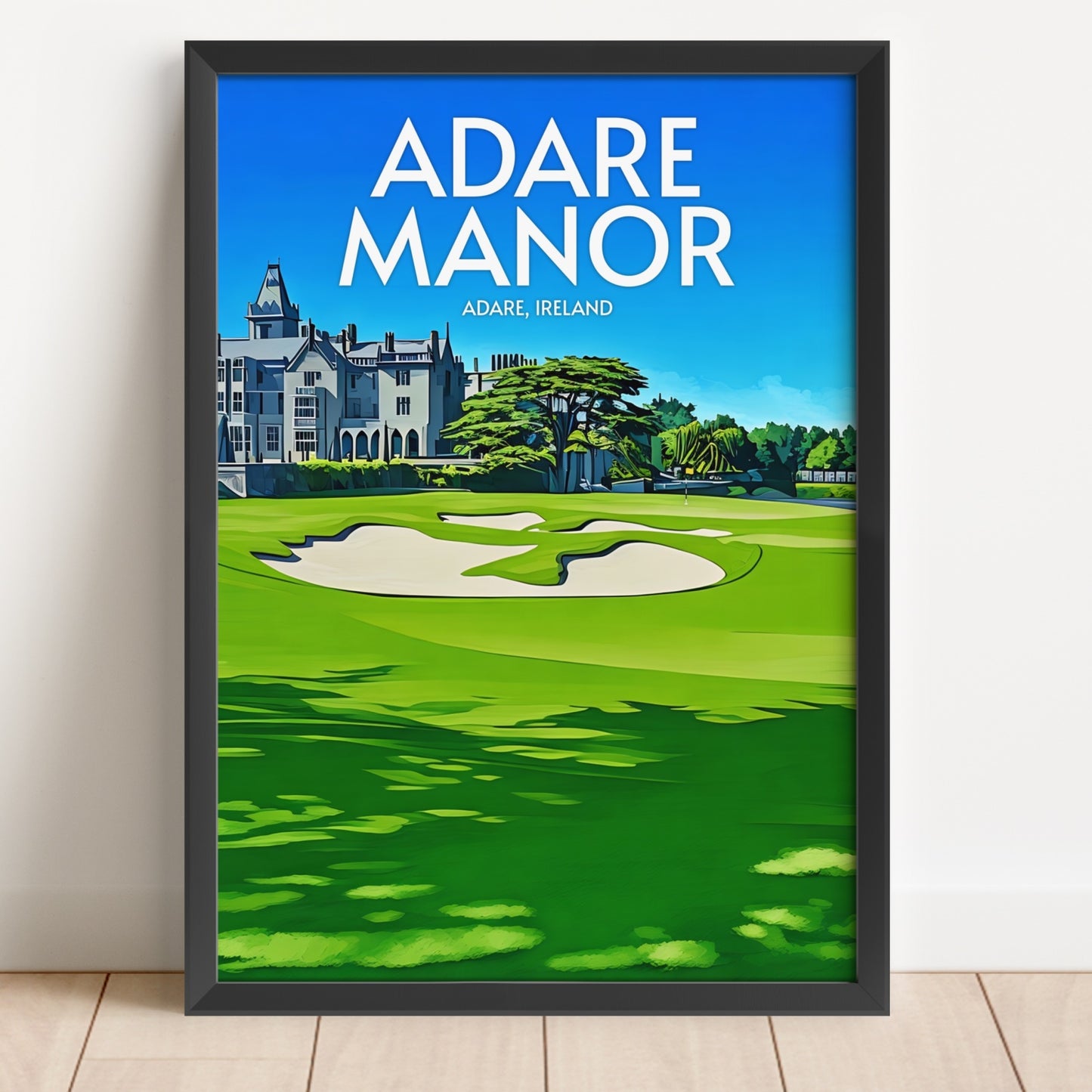 Framed poster of Adare Manor with golf course and castle illustration.