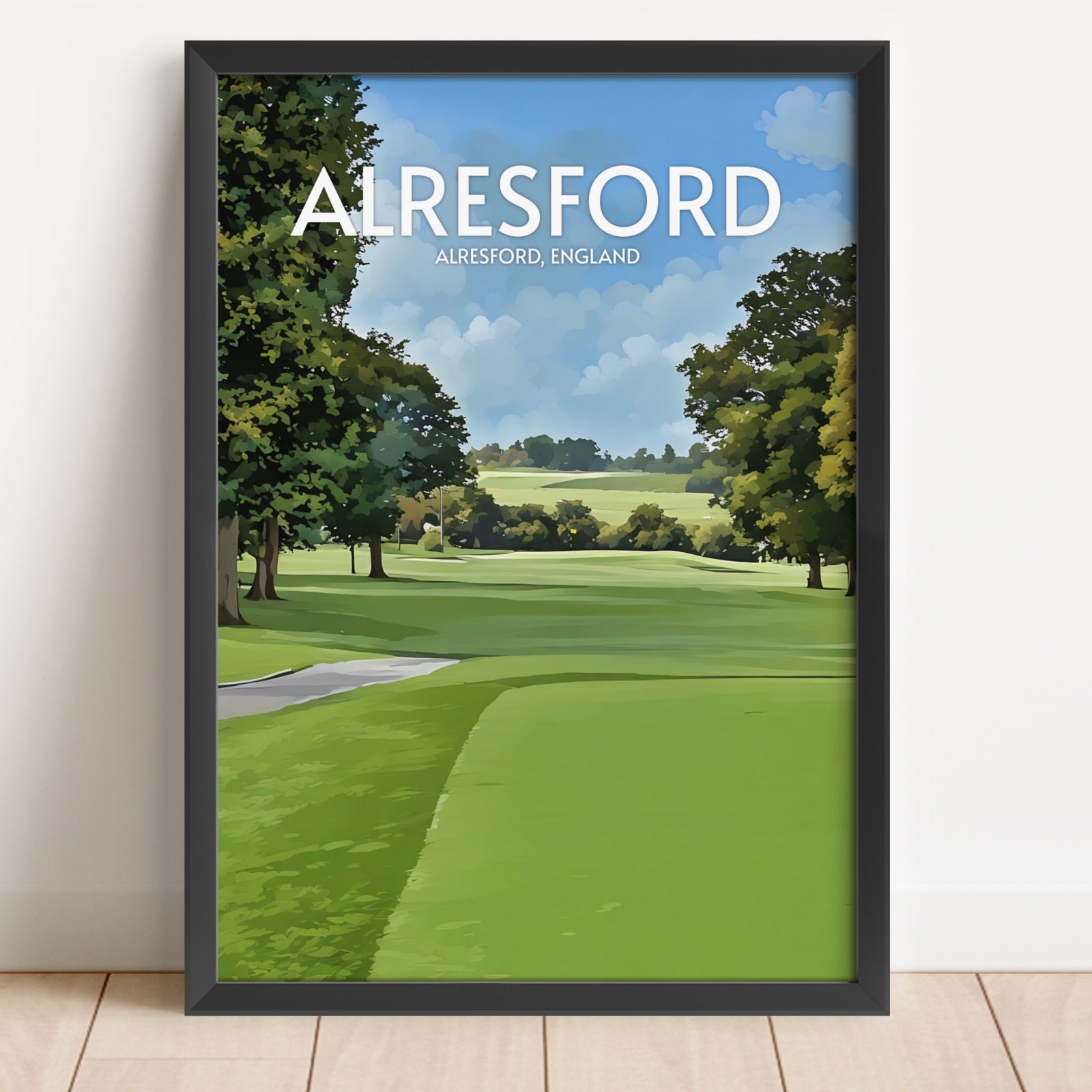Framed artwork of a golf course with 'Alresford' text on a white wall.