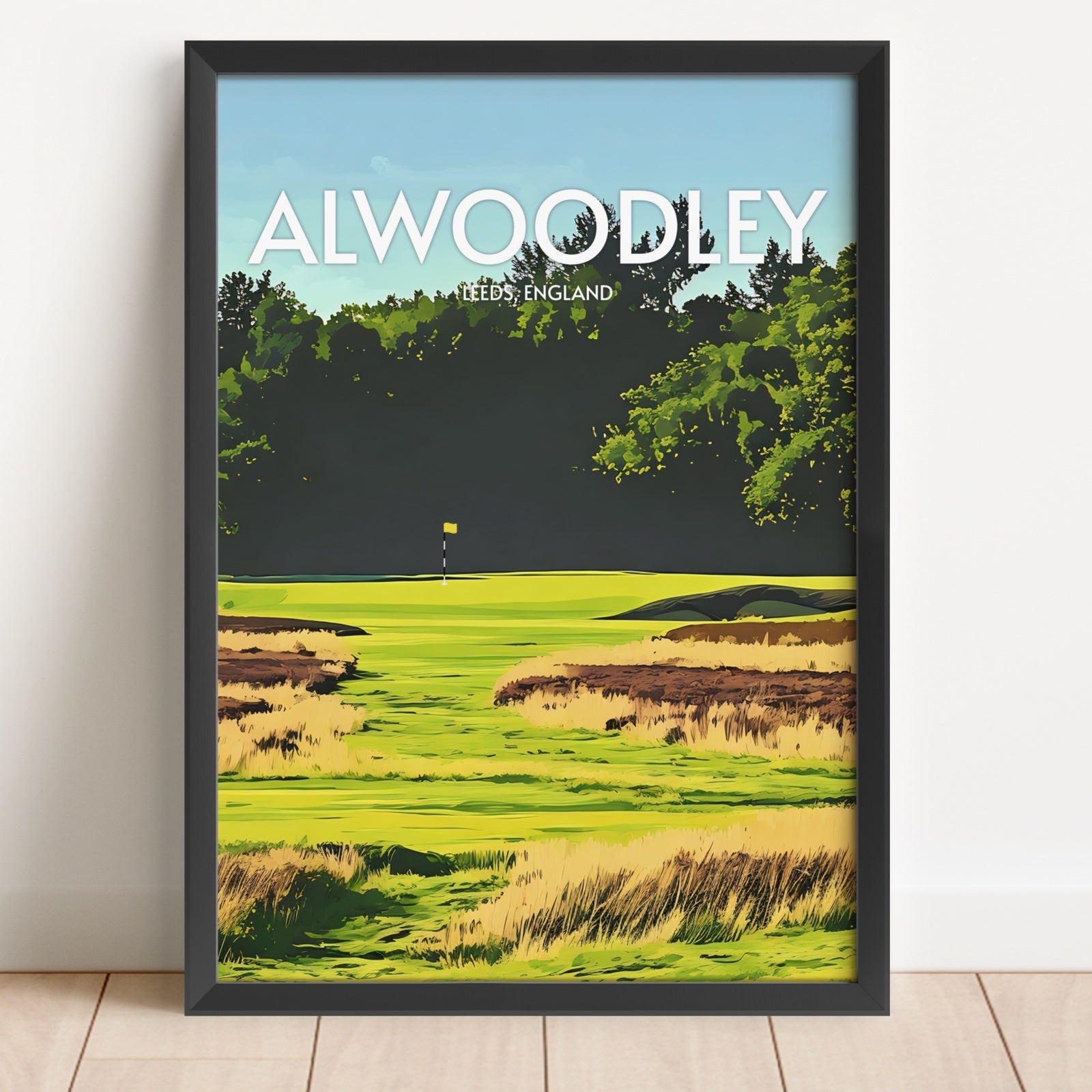 Framed artwork of a golf course with 'Alwoodley' and 'Leeds, England' text.