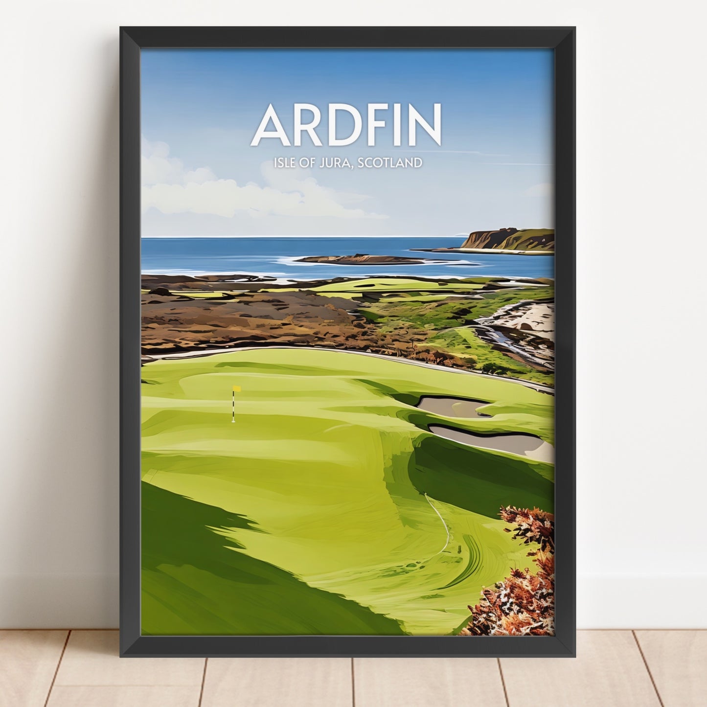 Framed poster of a golf course with 'Ardfin' text on a white wall.