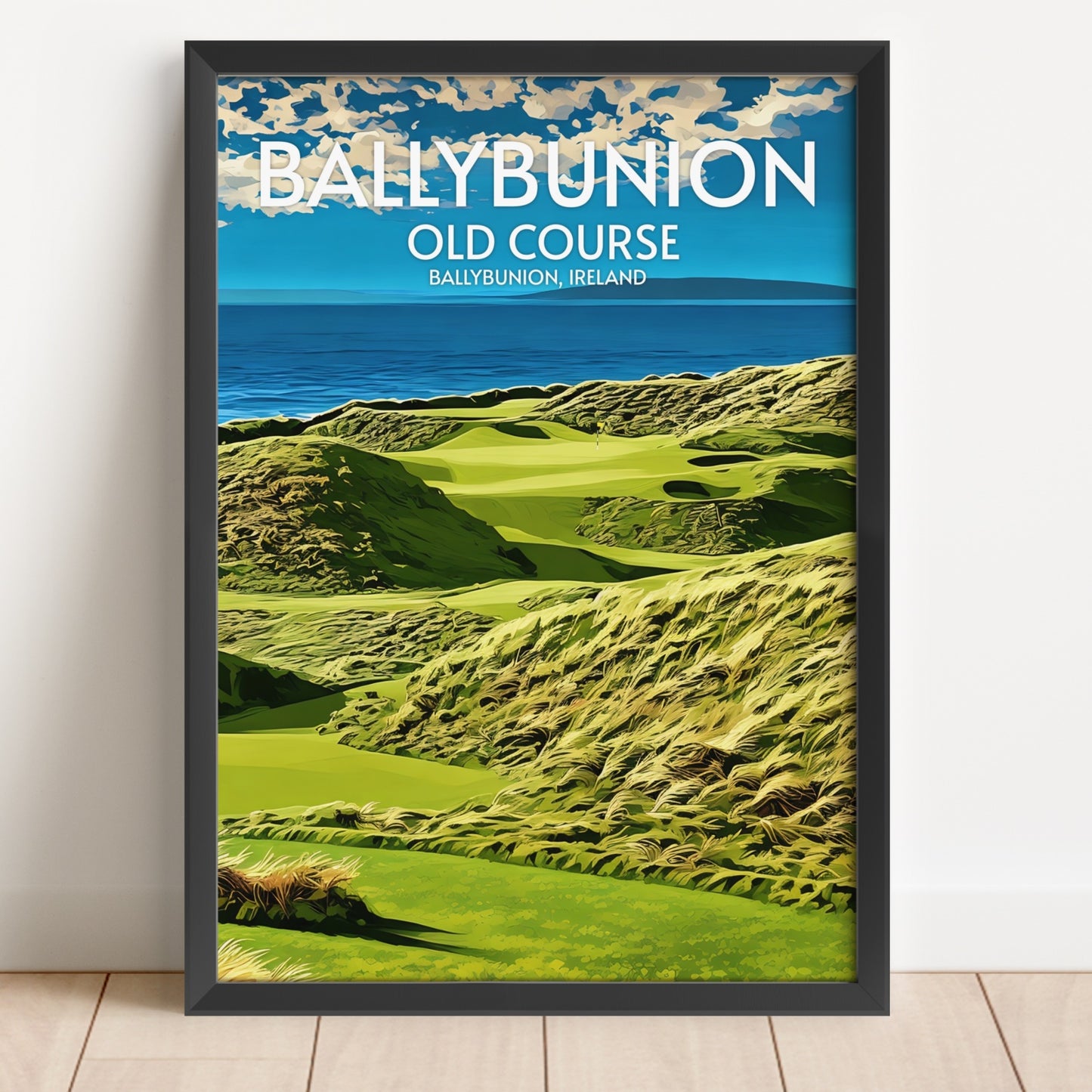 Framed poster of Ballybunion Old Course with green golf course and ocean view.