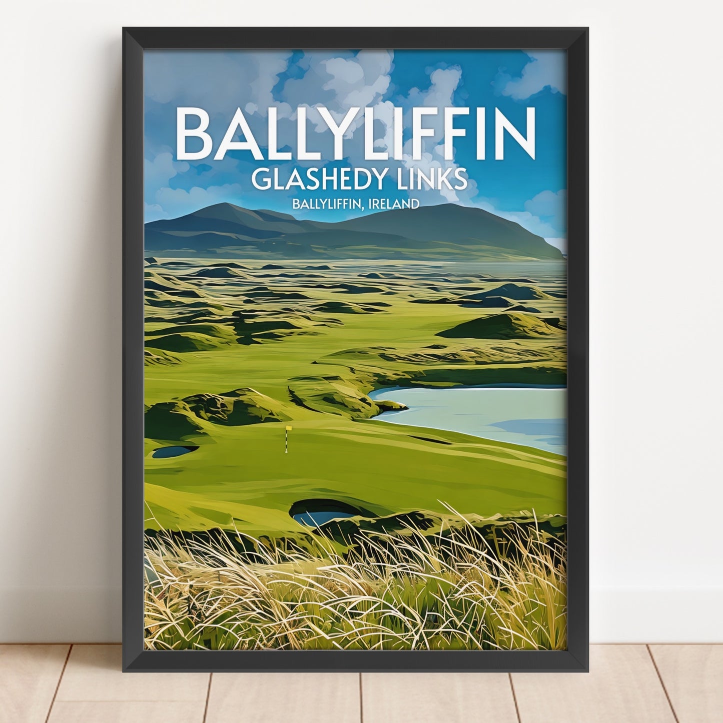 Framed poster of Ballyliffin Glashedy Links with a golf course and mountains in the background.