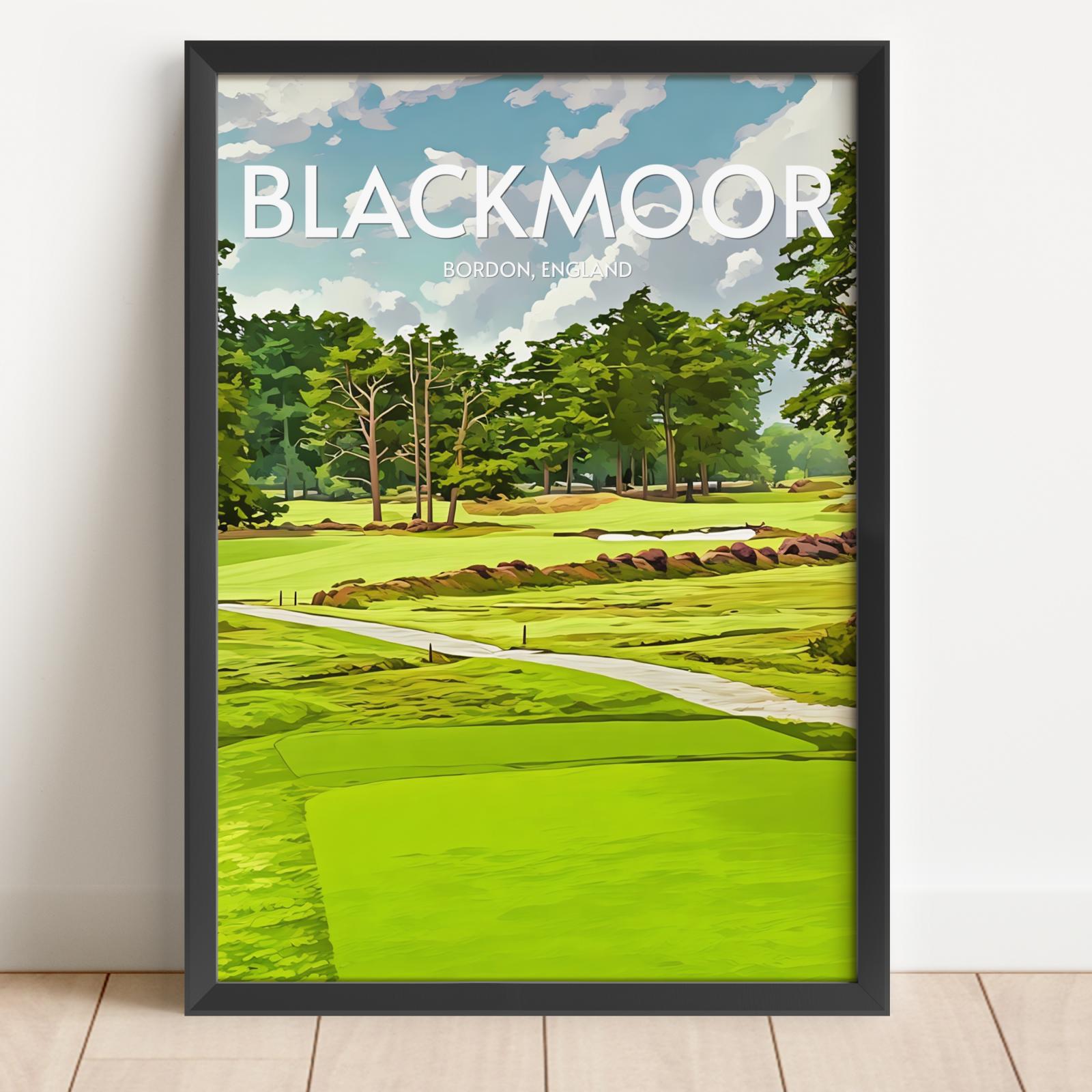 Framed artwork of a golf course with 'Blackmoor' text on a white wall.