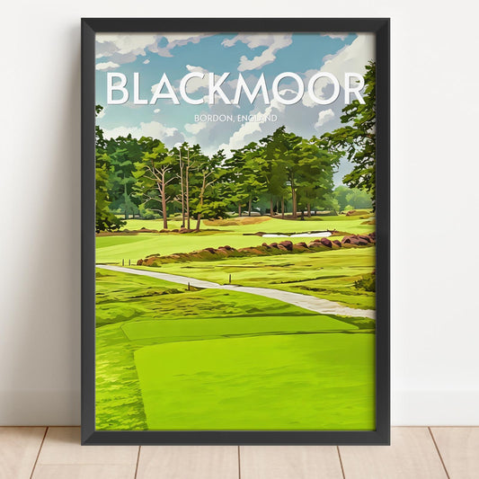 Framed artwork of a golf course with 'Blackmoor' text on a white wall.