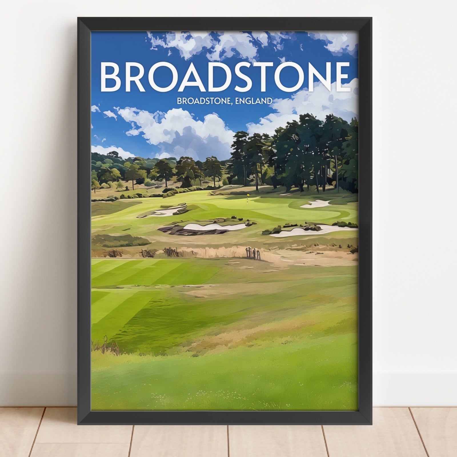 Framed poster of a golf course with 'Broadstone' text on a blue sky background