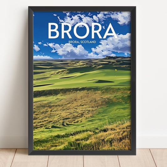 Framed poster of a scenic view with 'Brora, Scotland' text on a blue sky background.