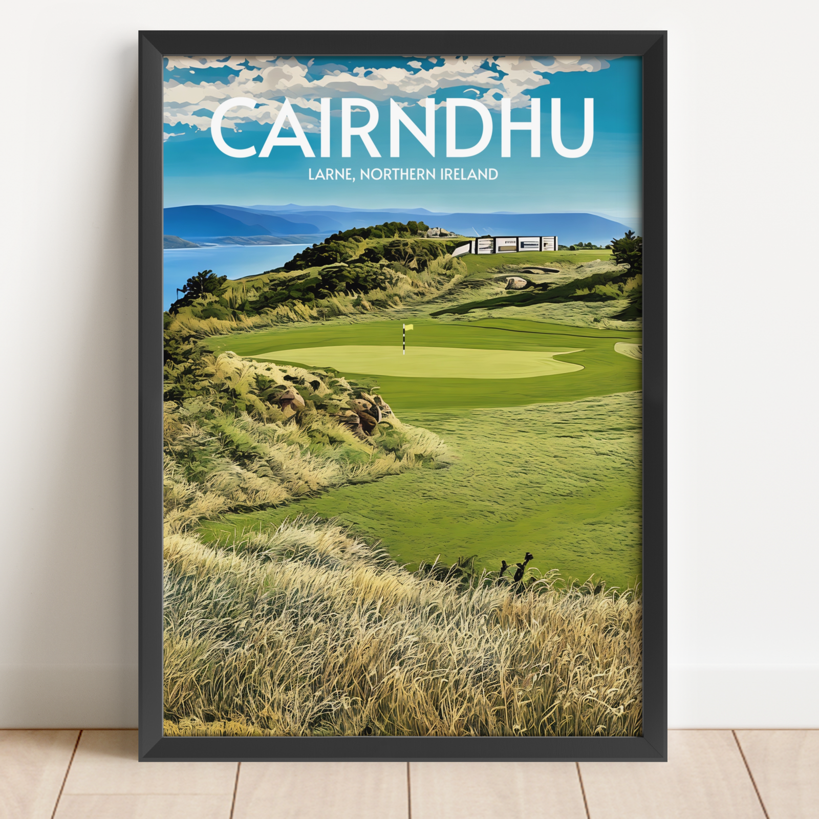 Framed poster of a golf course with 'Cairndhu' branding on a white wall.