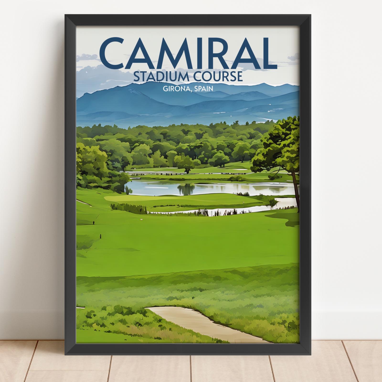 Framed poster of Camiral Stadium Course with a golf course and mountains in the background.
