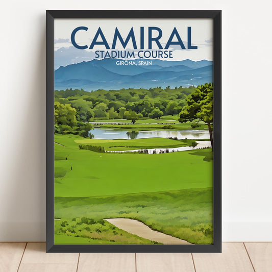 Framed poster of Camiral Stadium Course with a golf course and mountains in the background.