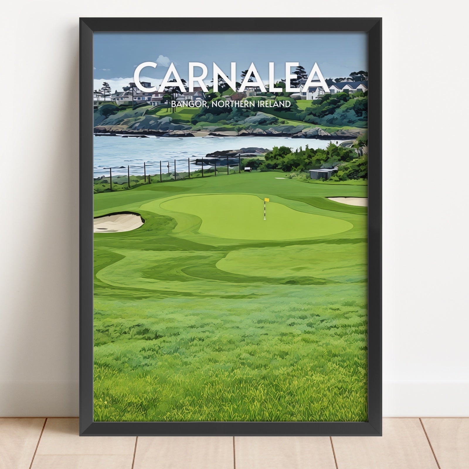 Framed poster of a golf course with 'Garnalea' and 'Bangor, Northern Ireland' text.