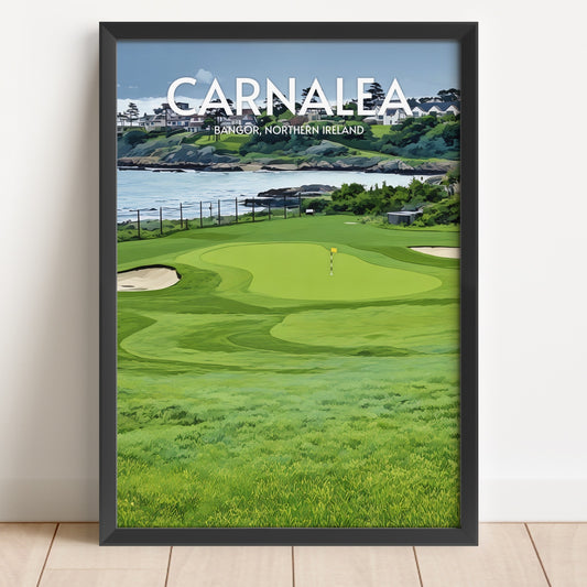 Framed poster of a golf course with 'Garnalea' and 'Bangor, Northern Ireland' text.