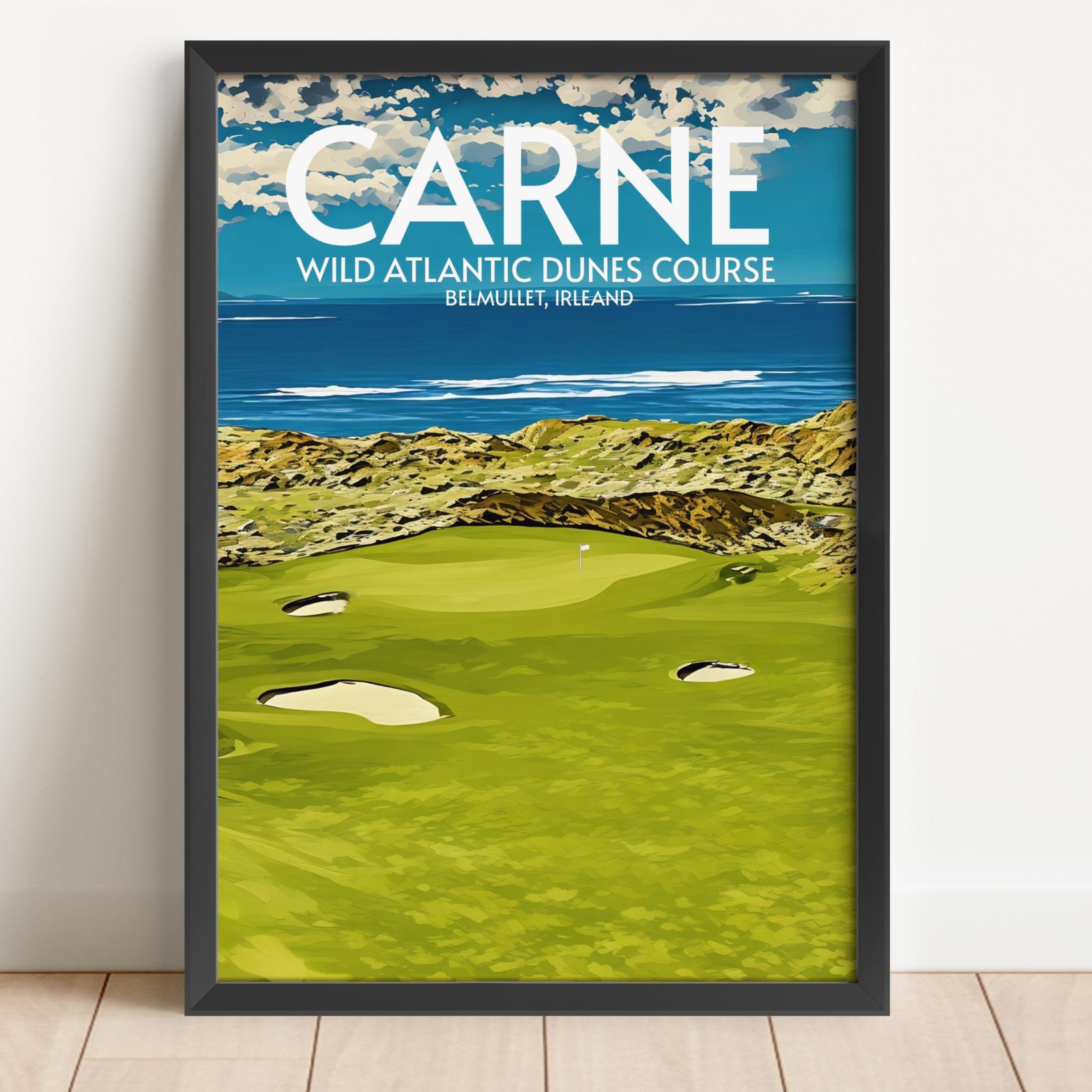 Framed poster of a golf course with 'Carne' and 'Wild Atlantic Dunes Course' text.