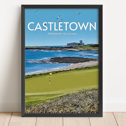 Framed artwork of Castletown, Derbyhaven, Isle of Man with a golf course and coastal view.