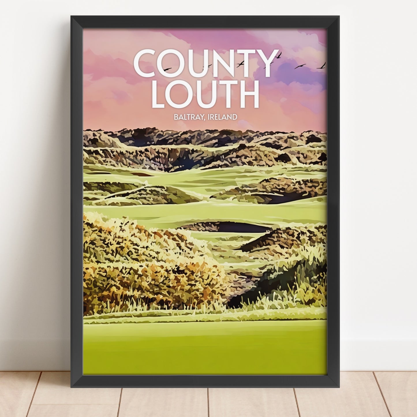 Framed artwork of County Louth with a scenic landscape and text.