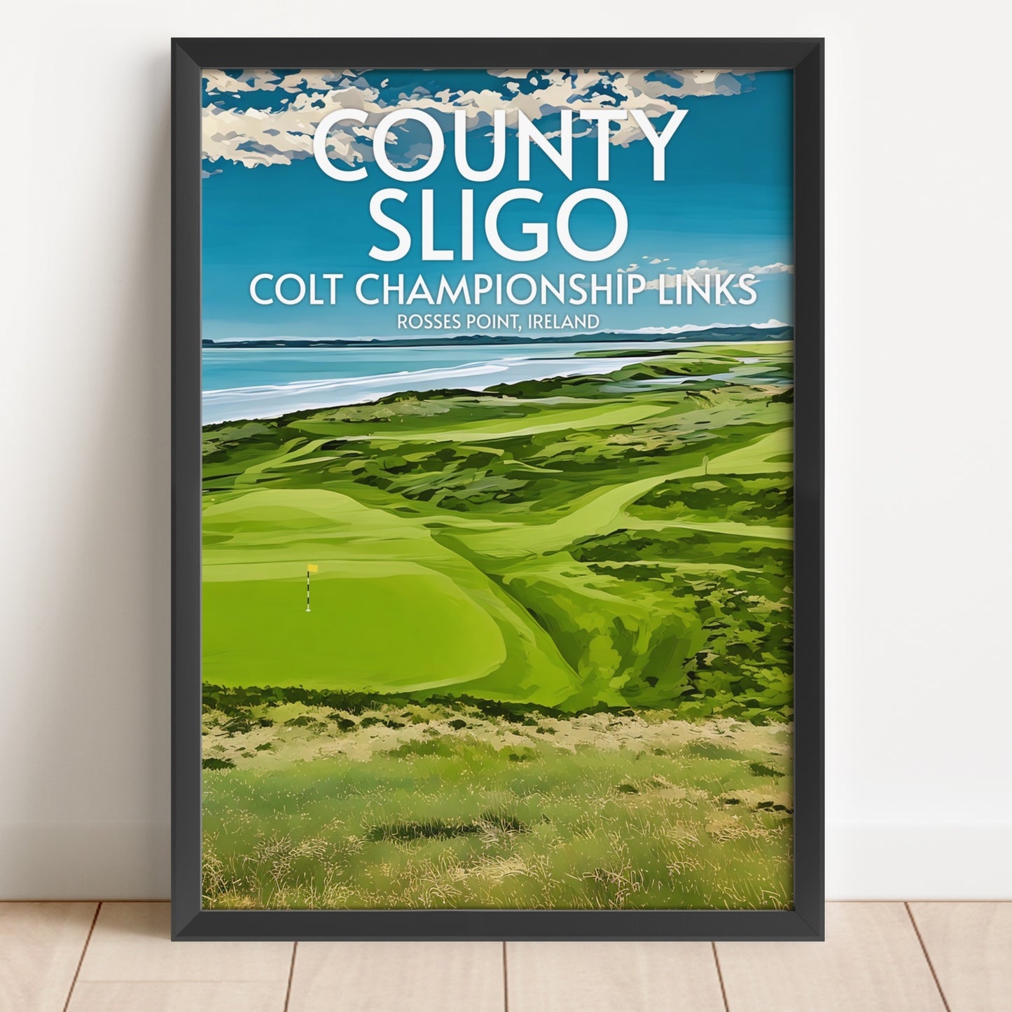 Framed poster of County Sligo Colt Championship Links golf course with a scenic view.