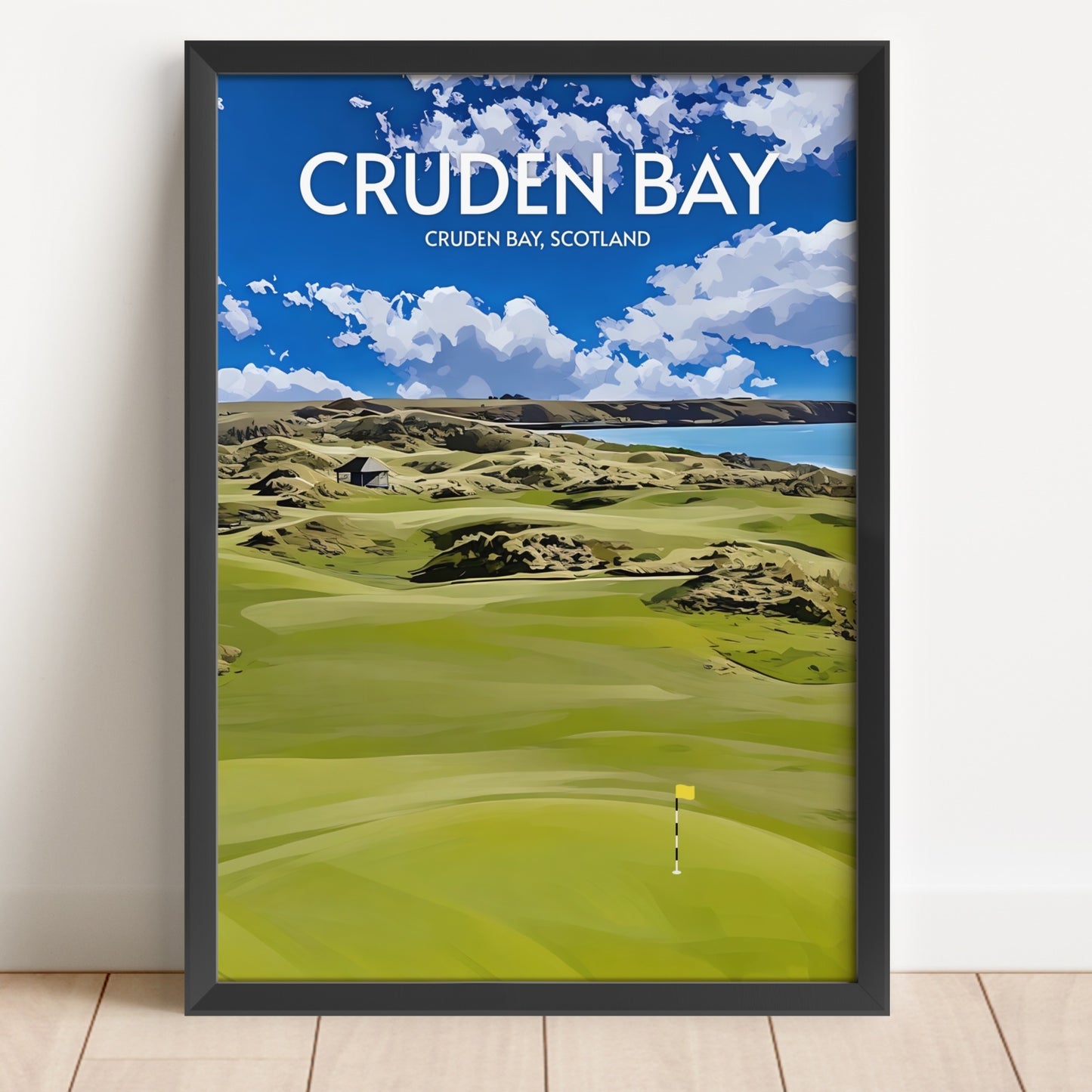 Framed poster of Cruden Bay golf course with a scenic view and 'Cruden Bay, Scotland' text.