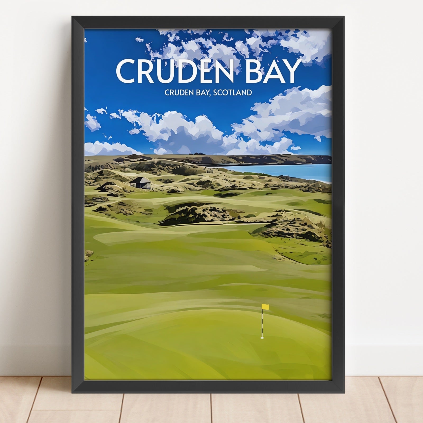 Framed poster of Cruden Bay golf course with a scenic view and 'Cruden Bay, Scotland' text.