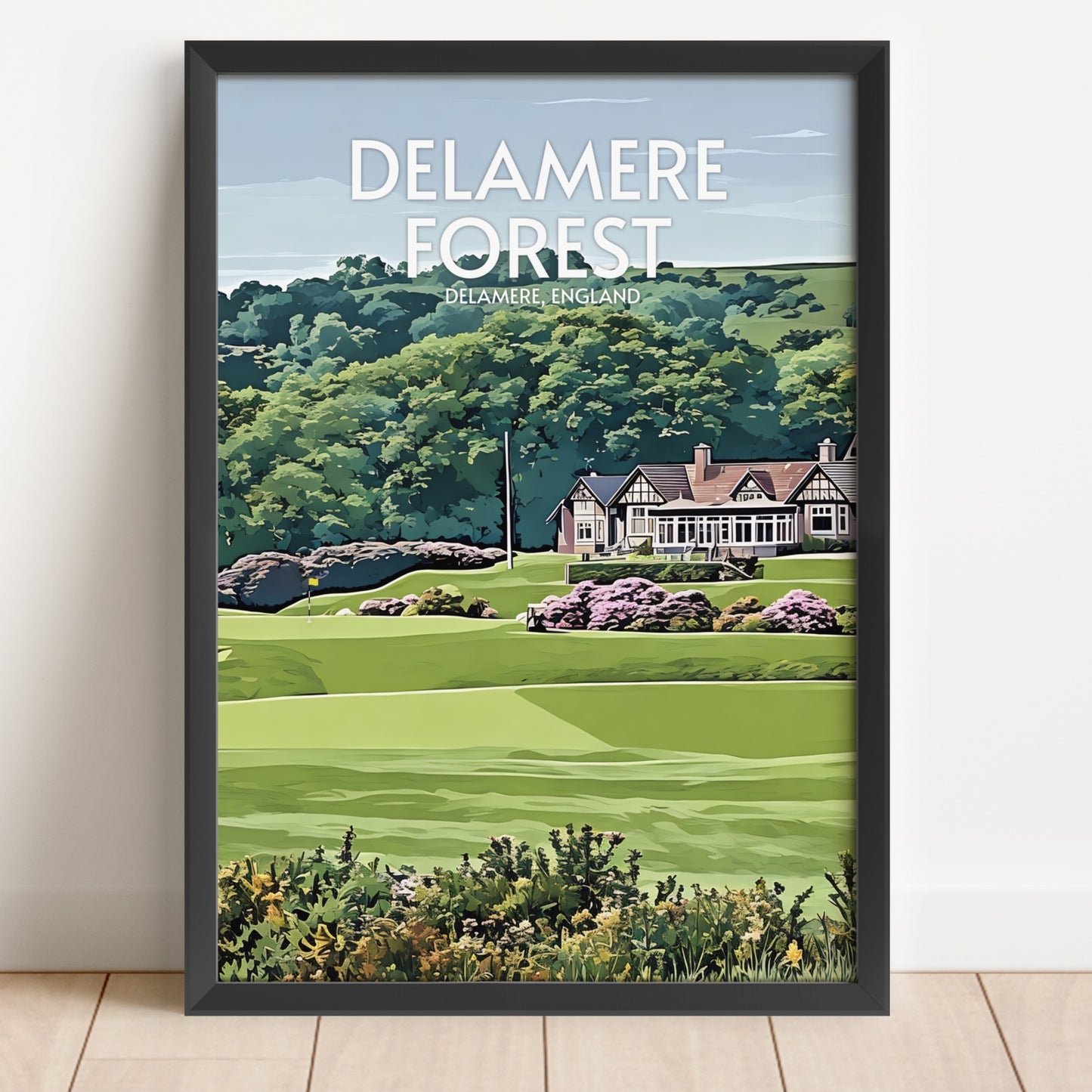 Framed artwork of Delamere Forest with a house and greenery.