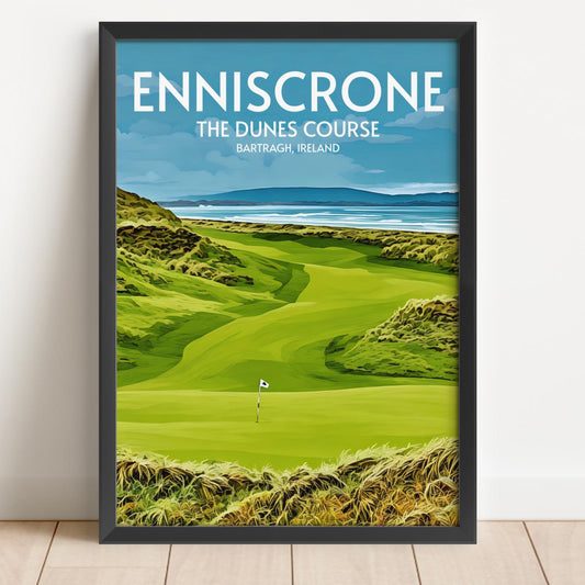 Framed poster of Enniscrone The Dunes Course with a golf course and ocean view.