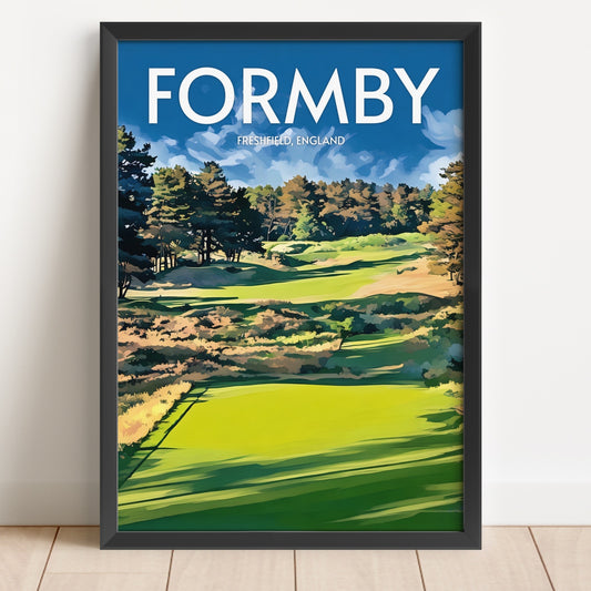 Framed artwork of Formby, Freshfield, England with a golf course and trees.