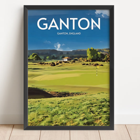 Framed artwork of a golf course with 'Ganton' text on a blue sky background