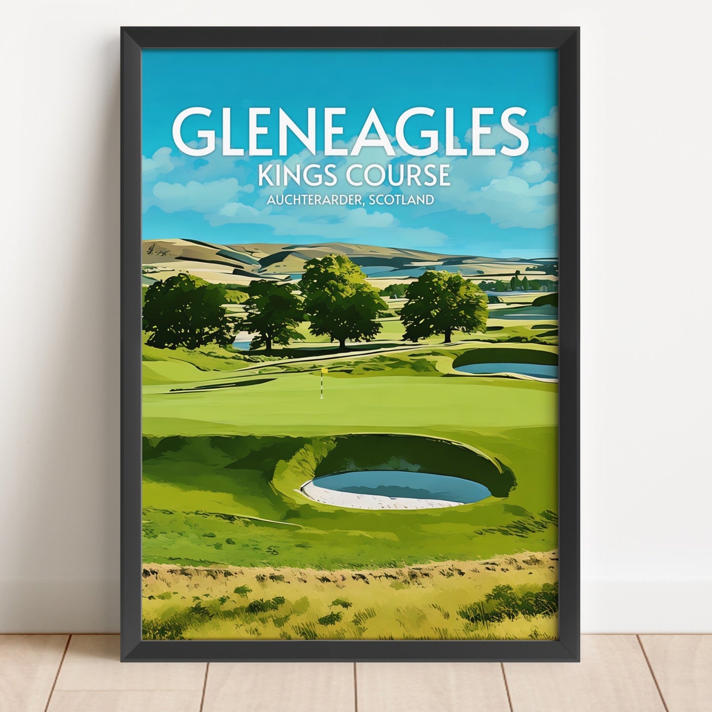Framed poster of a golf course with 'Glen Eagles Kings Course' text on a scenic background.