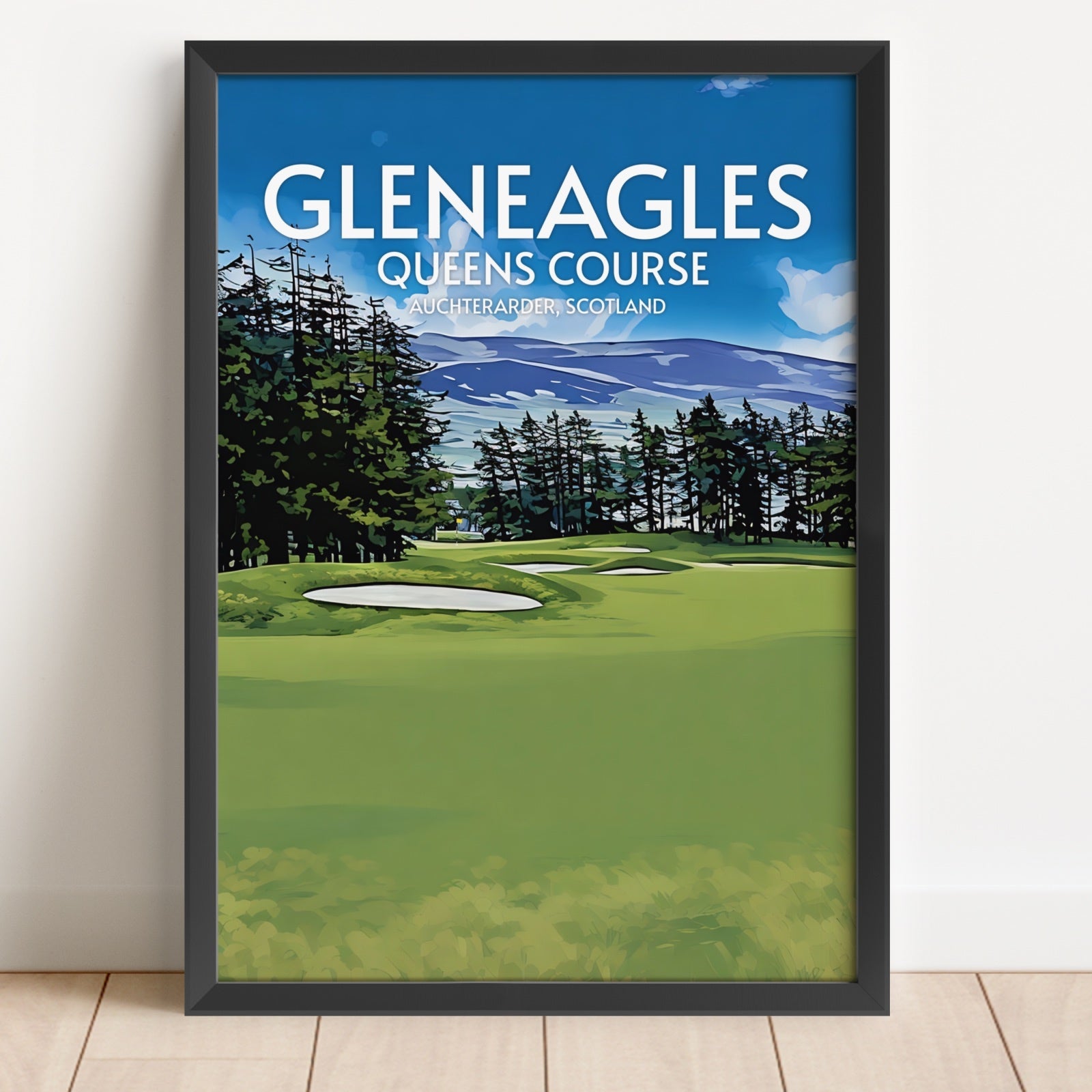 Framed poster of Gleneagles Queens Course with a golf course and trees in the background.