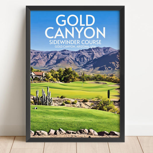 Framed poster of Gold Canyon Sidewinder Course with a golf course and mountains in the background.