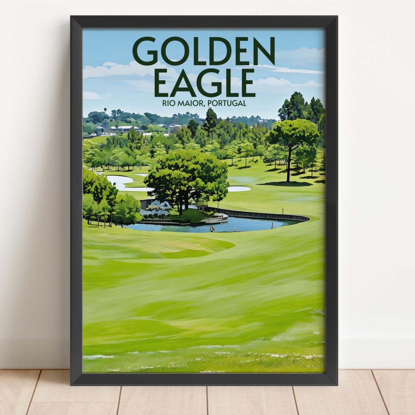 Framed poster of a golf course with 'Golden Eagle' and 'Rio Maior, Portugal' text.