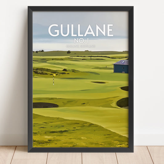 Framed print of a golf course with 'Gullane' and 'No. 1' text on a white wall.