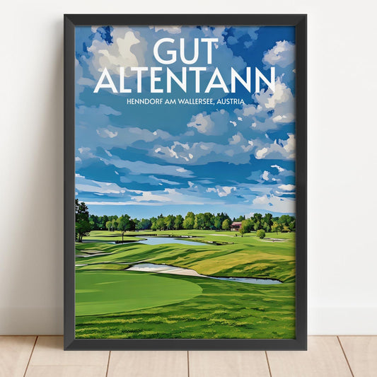 Framed poster of a golf course with 'Gut Alten tantann' text on a blue sky background.
