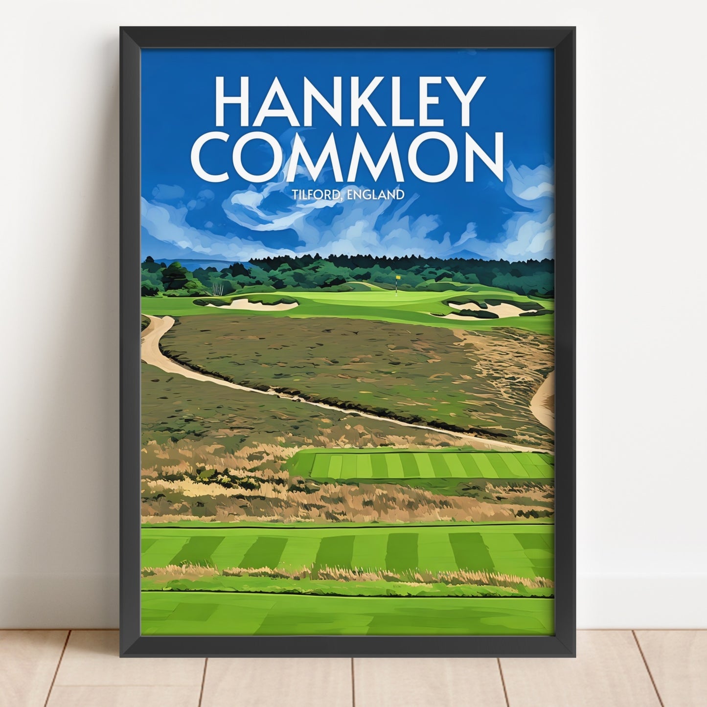 Framed poster of Hankley Common, Tidford, England with a scenic view.