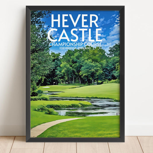 Framed poster of a golf course with 'Never Castle' text on a wall.
