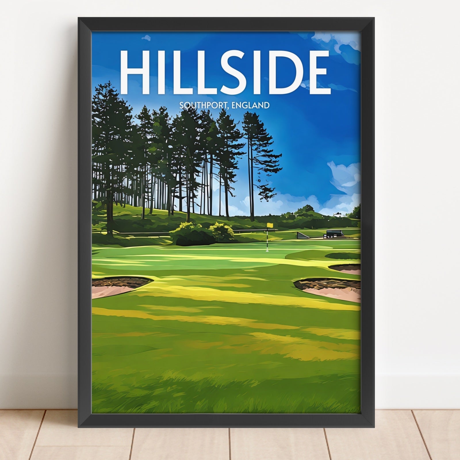 Framed poster of a golf course with 'Hillside' and 'Southport, England' text.