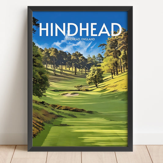 Framed poster of Hindhead golf course with trees and blue sky.
