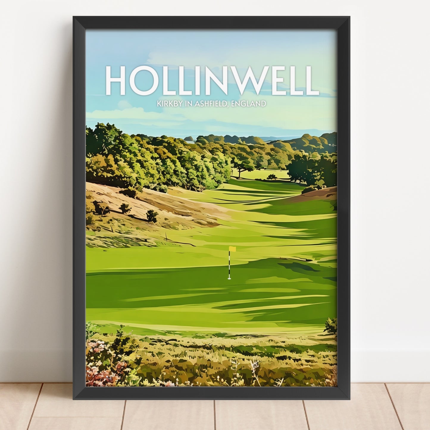 Framed poster of a golf course with 'Hollinwell' text on a white wall.