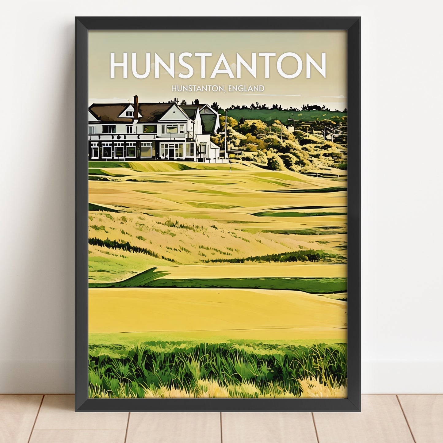 Framed poster of Hunstanton, England with a golf course and clubhouse.