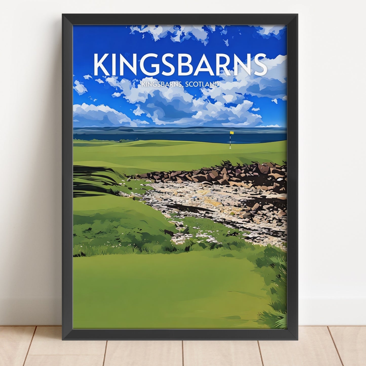 Framed poster of Kingsbarns golf course with a scenic view and blue sky.