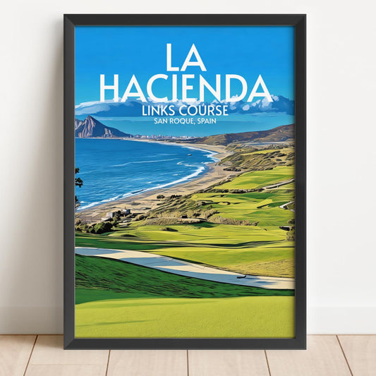 Framed poster of La Hacienda Links Course with a scenic view of a golf course and ocean.