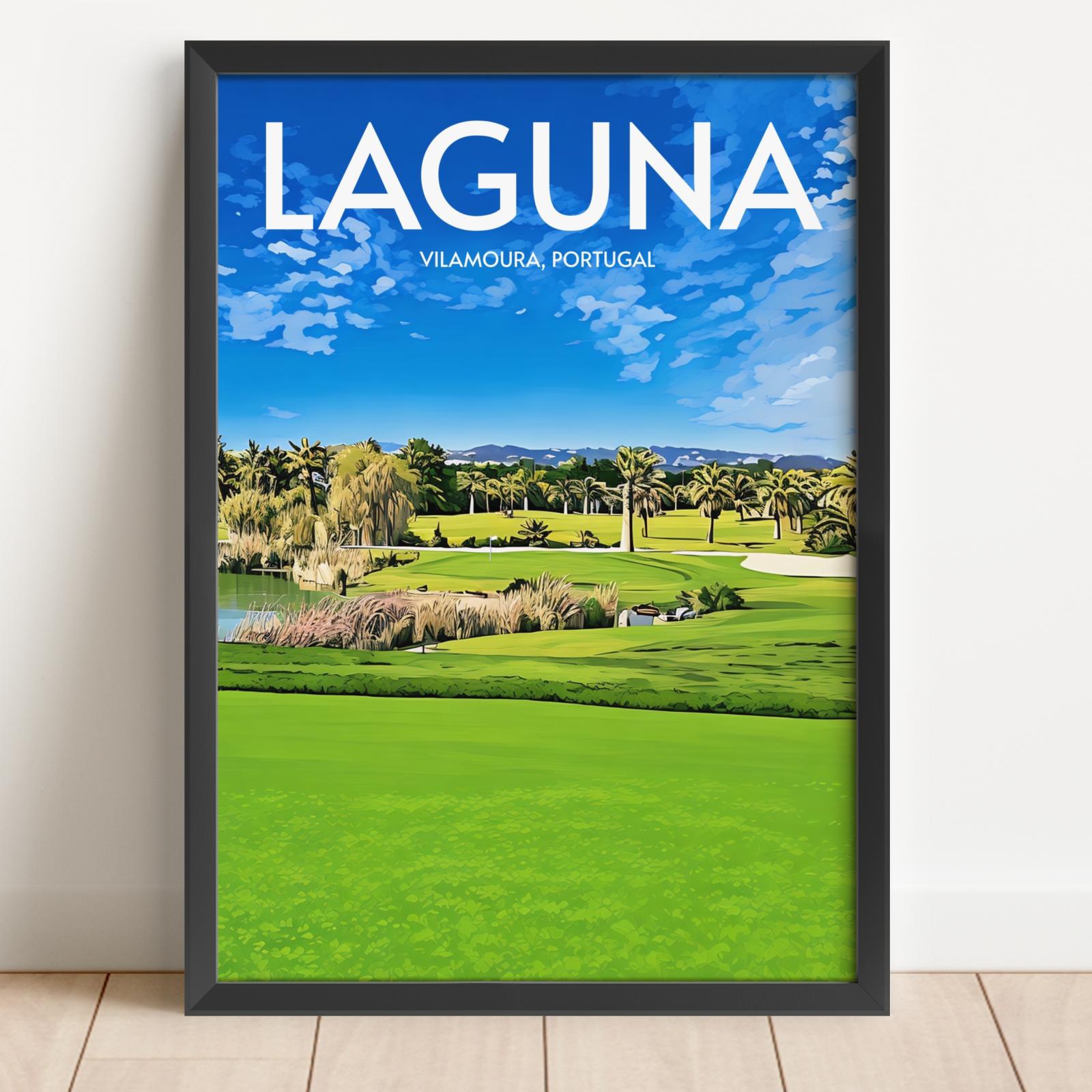 Framed poster of a golf course with 'Laguna' and 'Vilamoura, Portugal' text.