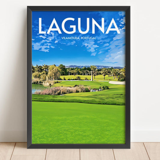 Framed poster of a golf course with 'Laguna' and 'Vilamoura, Portugal' text.
