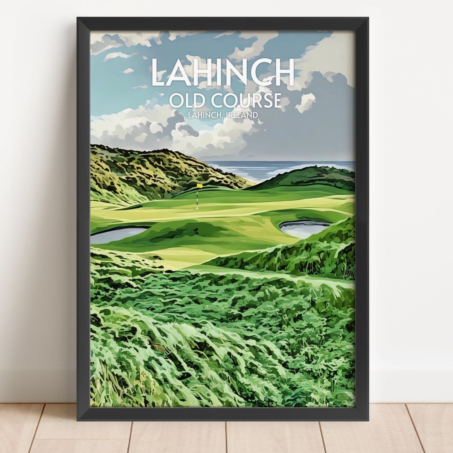 Framed artwork of a golf course with 'Lahinch Old Course' text on a white wall.