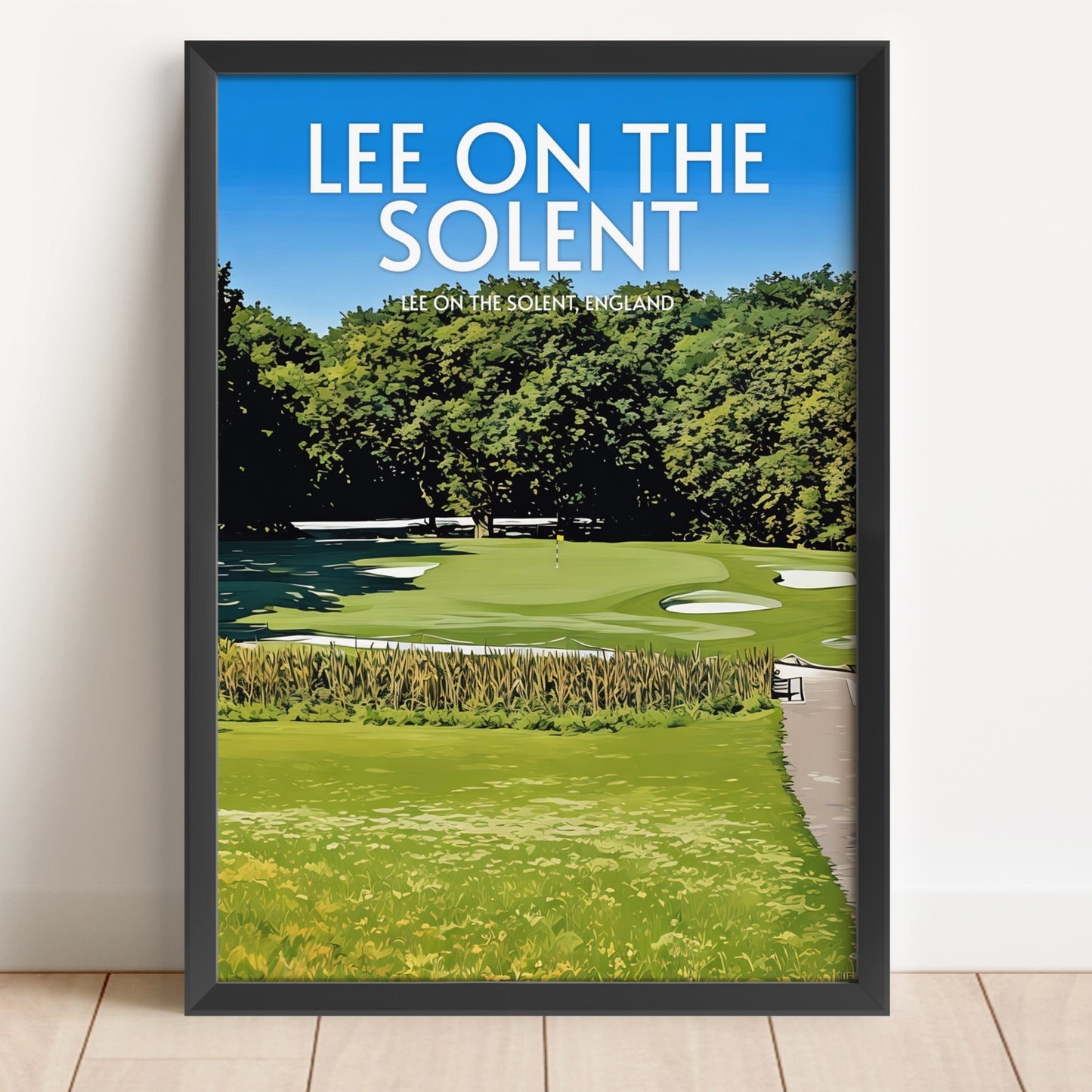 Framed poster of a golf course with 'Lee on the Solent' text