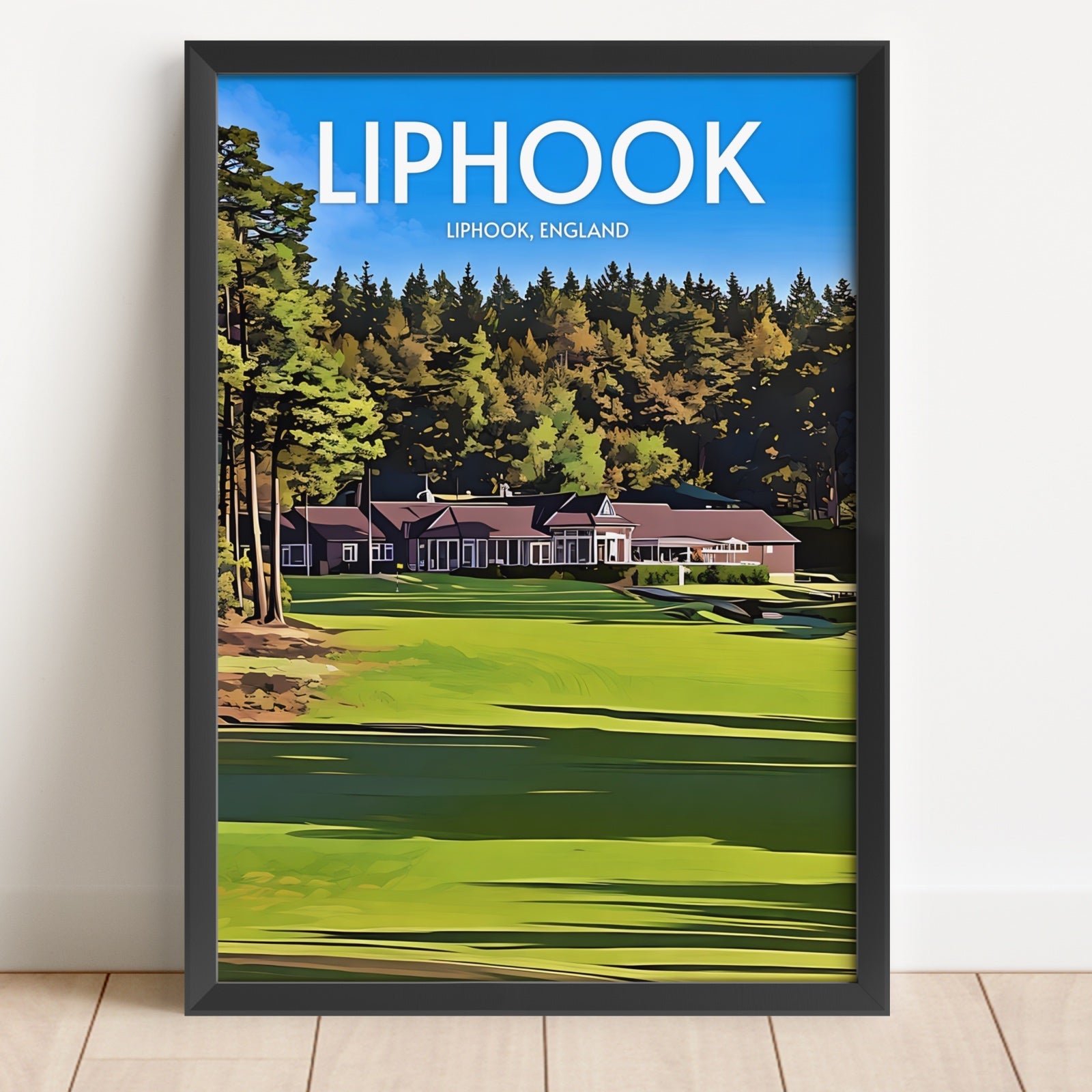 Framed poster of Liphook, England with a golf course and clubhouse.