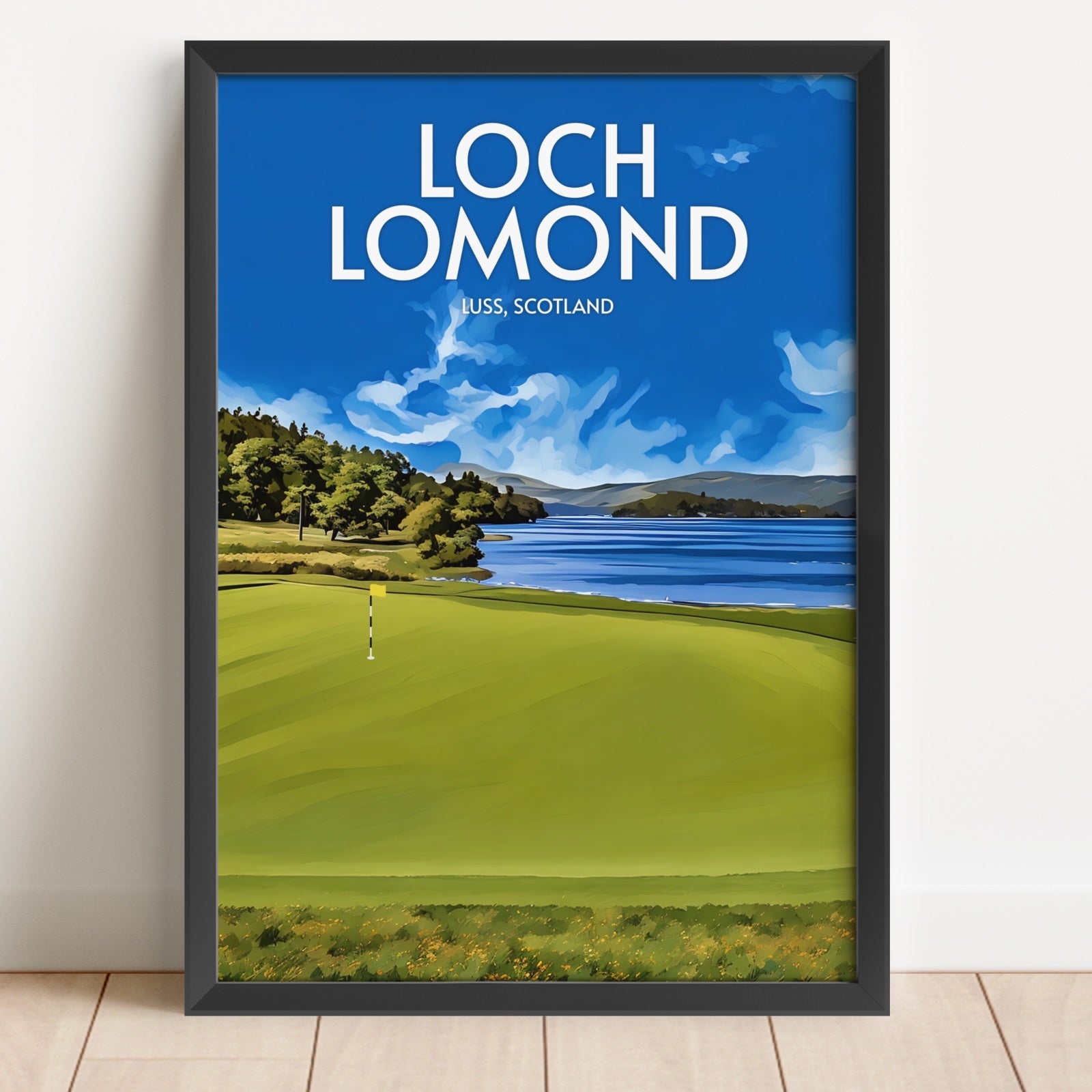 Framed artwork of Loch Lomond with a golf course and lake view.