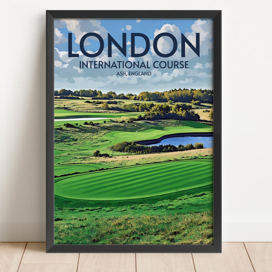 Framed poster of London International Course with a scenic view of green fields and a lake.
