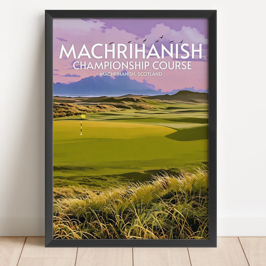 Framed poster of Machrihanish Championship Course with a scenic view and text.