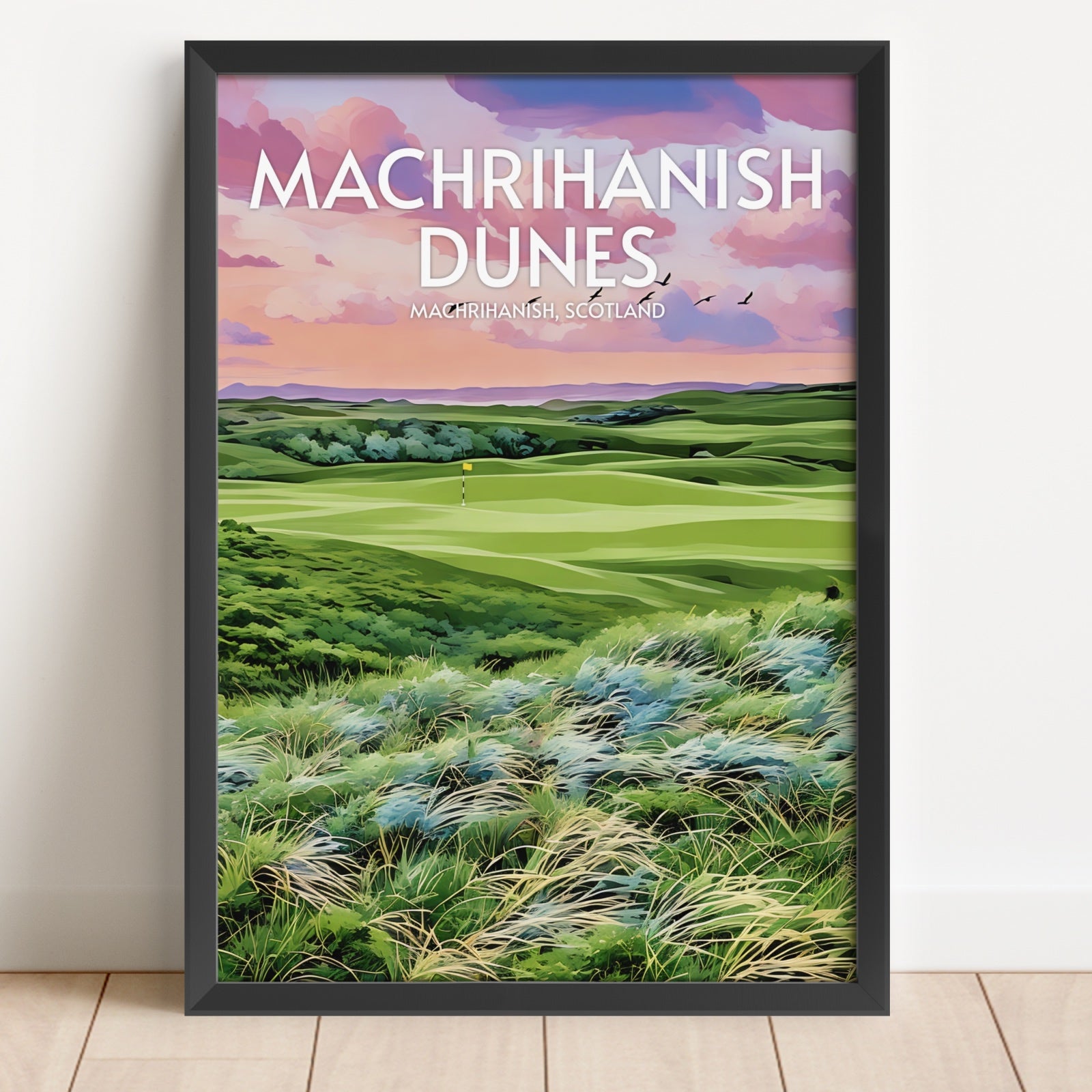 Framed artwork of Machrihanish Dunes with a scenic landscape and text.