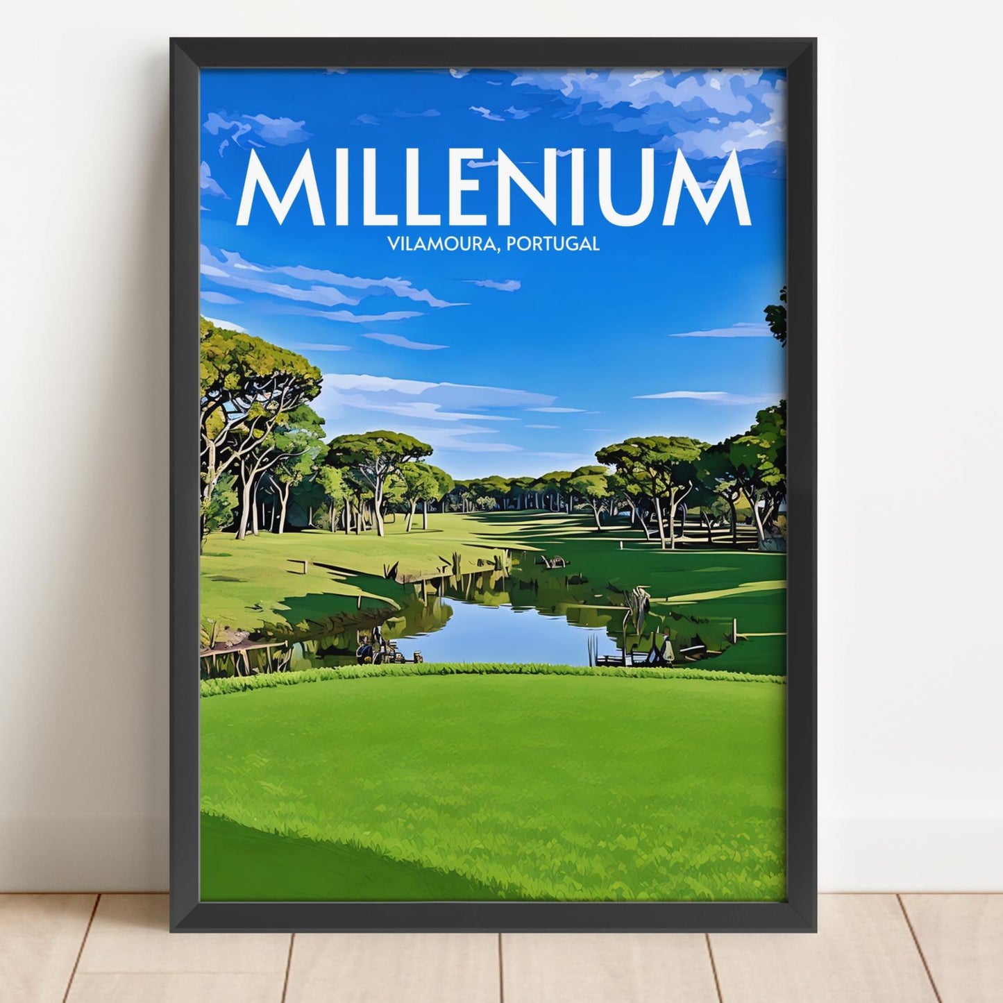 Framed poster of a scenic landscape with trees and a lake, featuring the text 'Millenium Vilamoura, Portugal'.